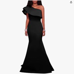 Women's One Shoulder Ruffle Bodycon Evening Party Maxi Dress Gown Black. Size L